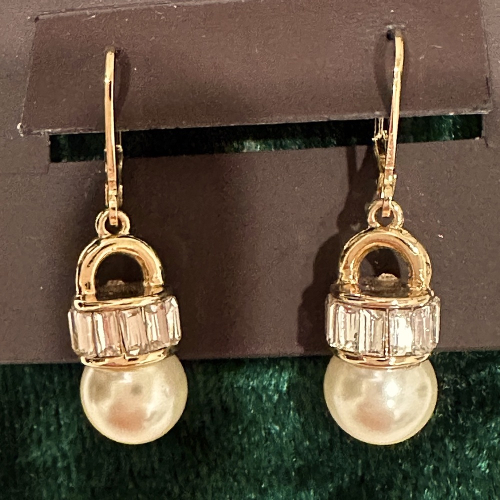 Anne Klein gold tone pierced simulated pearl and CZ baguette earrings